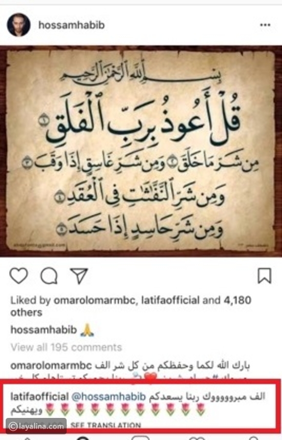 لطيفة تهنأ حسام حبيب على زواجه 